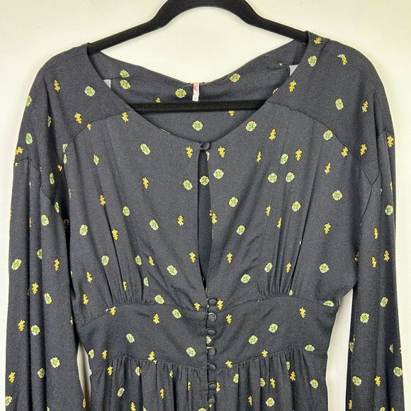 Free People Love Grows Black Geometric Print Long Slv Keyhole Romper Playsuit S - Picture 4 of 16